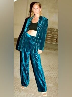 Zara Teal Velvet Wide-Leg Pants